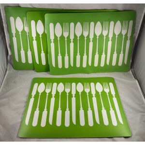 Graphic Cutlery Flatware Print Placemats 18 x 13 Lime Green 1960s 1970s Set of 4